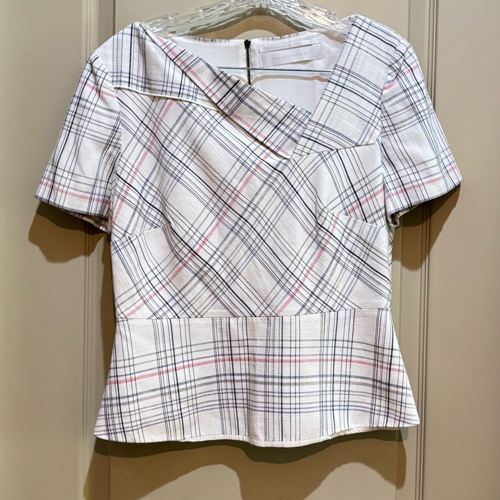 Roland Mouret Mareham Checked Crepe Peplum Asymetric Short Sleeve Top  US10 UK14